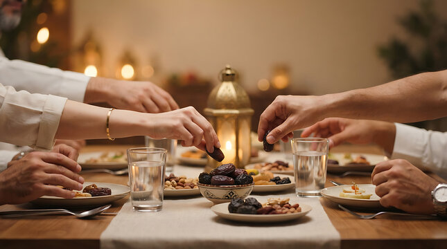 People sharing dates during a traditional iftar dinner at home
