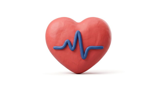 Clay heart with blue pulse line on white background
