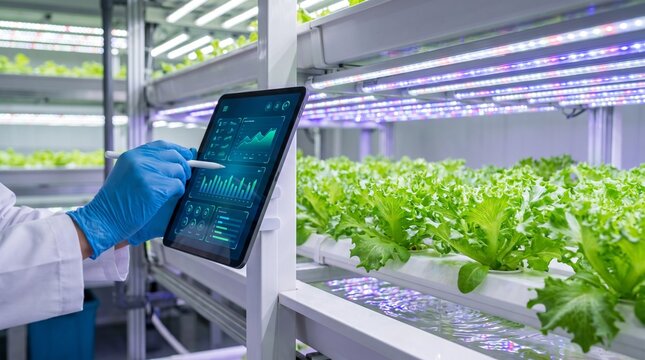 Scientist using digital tablet to monitor indoor vertical hydroponic farm