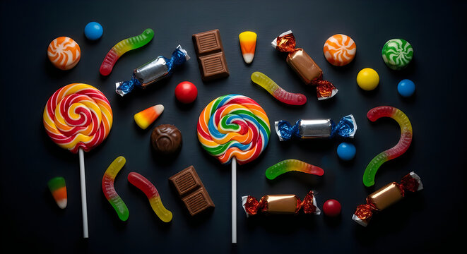 Assorted colorful candies and sweets arranged on a dark gray background flat lay composition