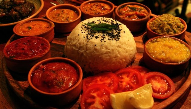 Traditional indian thali meal with variety of curries and rice