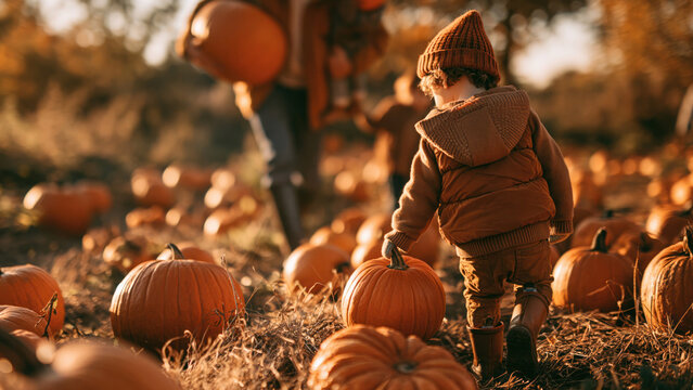 Young child walking among ripe orange pumpkins in a rustic pumpkin patch during warm golden-hour sunlight. Autumn family traditions, childhood exploration, pumpkin picking, harvest season concept.