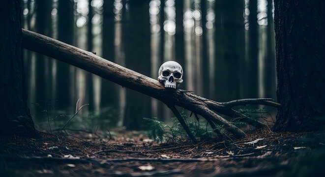 Human skull resting on fallen tree branch in a dark and mysterious forest