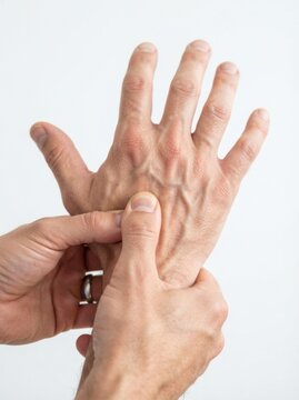 Close up of a man applying acupressure to the LI4 pressure point on his hand for pain relief and wellness