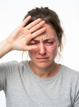 Young woman with red, irritated eyes crying and holding her hand to her forehead, suffering from an eye infection or allergy.