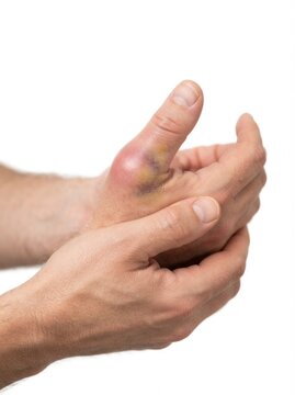 Close-up of a severely bruised and swollen thumb on a man's hand, showing trauma and inflammation against a white background