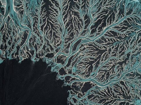 Turquoise river delta branching through dark water aerial abstract pattern