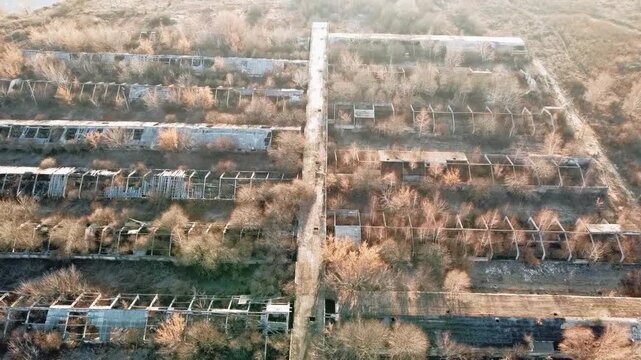 An old, abandoned building set against the backdrop of autumn nature.
