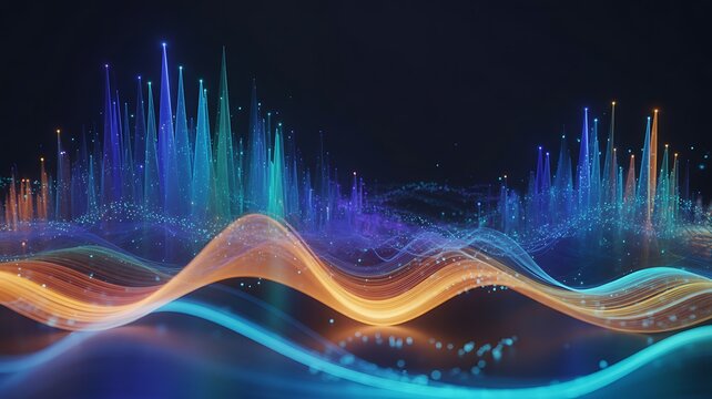 Abstract digital data waves with glowing particles against a dark background representing technology and connection