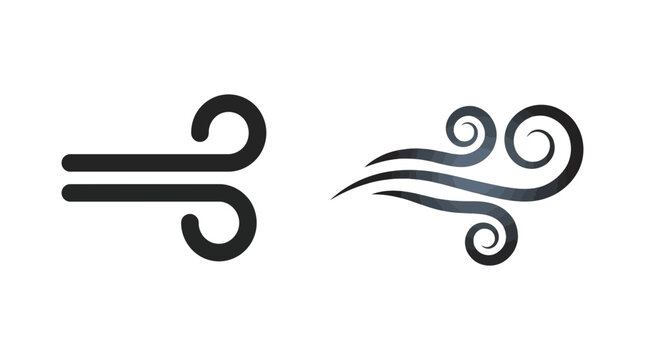Minimalist vector wind illustration showcasing two distinct swirling air flow icons designed with smooth black lines 