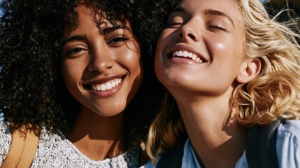 Fototapeta premium Two smiling young women with diverse hairstyles enjoying a sunny day outdoors