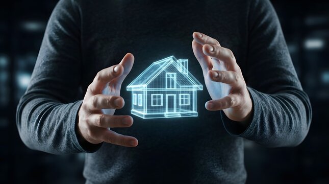 A person holding a glowing digital wireframe model of a house representing real estate and property protection concepts