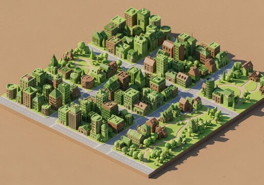 Isometric pixel art city block with green buildings