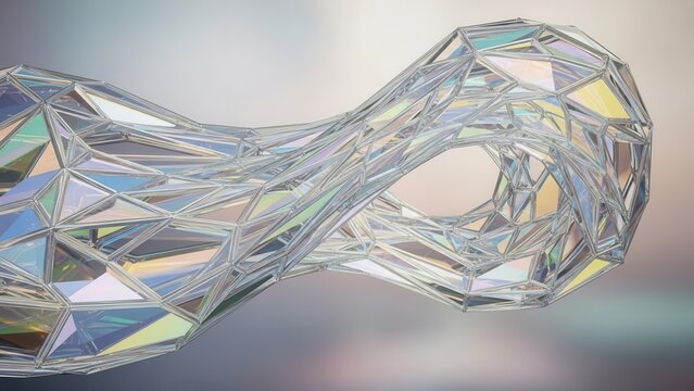 Abstract 3D render of a complex geometric structure with iridescent triangular facets.