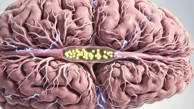 Reduced glucose availability reaching brain tissue during hypoglycemia, with a cerebral blood vessel containing fewer simple glucose particles and surrounding neurons receiving reduced energy supply