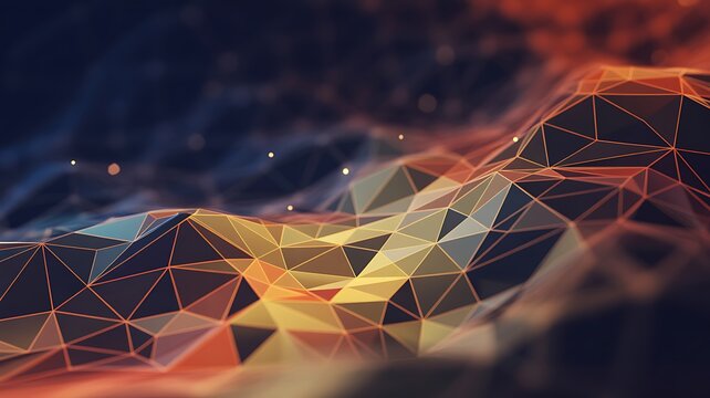 Abstract geometric network landscape with glowing particles during twilight in a digital art style