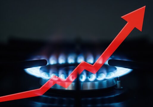 Red arrow rising over blue gas flame showing price increase
