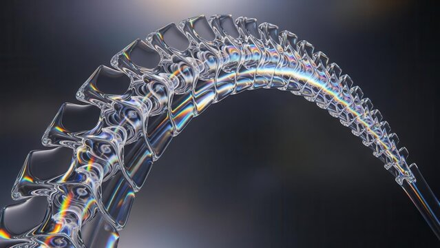 A close-up of a flexible, segmented transparent structure bending in an arc, resembling a futuristic spine or optical cable.