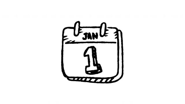 Animated doodle icon of a calendar page showing January 1 for the start of the new year.