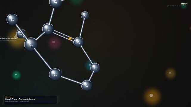 3D animation of Pommer Wittig synthesis of retinyl acetate showing chemical reactions molecular structures carbon and oxygen atoms forming vitamin a ester in a dark scientific background