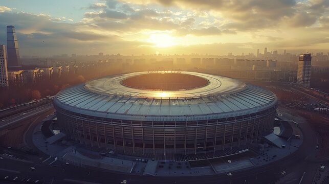 Ariel view of a landscape in city with sunset