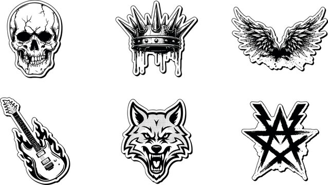 Rock Metal and Gothic Sticker Vector Element Set Featuring Skull Crown Wings Flaming Guitar Angry Wolf and Star Badges for Merch and Tattoos