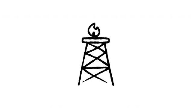 Animated doodle icon of an onshore oil rig derrick tower for deep earth oil drilling.