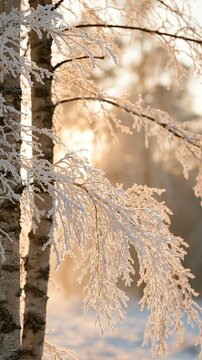 a winter scene. The main subject is a branch of a birch tree covered in frost, illuminated by the warm glow of the setting sun. The snowcovered branch contrasts with the cool tones of the birch bark.