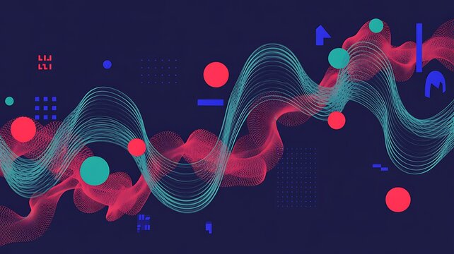 Abstract wave pattern with geometric shapes during digital data visualization on a dark background