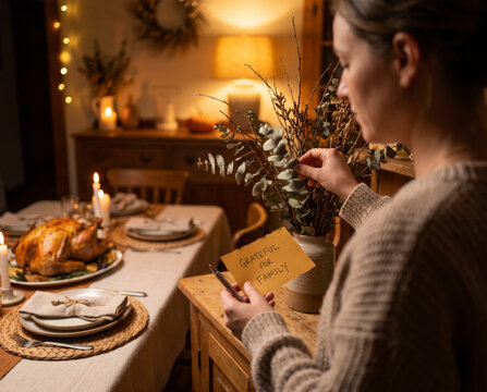 Reflective woman writing gratitude note beside eucalyptus in dining room
