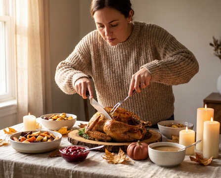 Focused woman carving roasted turkey at candlelit thanksgiving dinner table