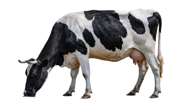 Black and white spotted cow grazing on grass, isolated on transparent background