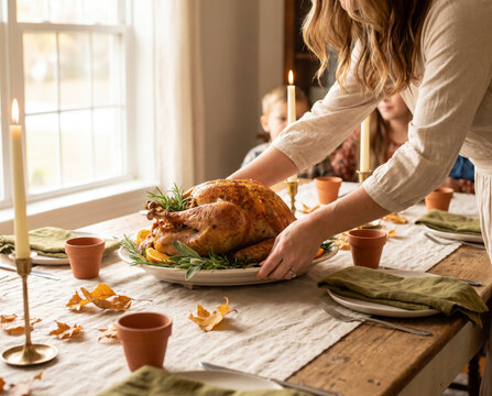 Welcoming woman placing roasted turkey platter on autumn family dinner table