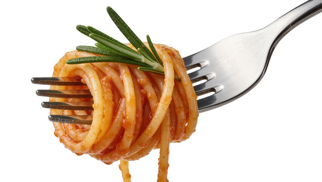 Spaghetti with tomato sauce and rosemary twirled on a fork, isolated on transparent background