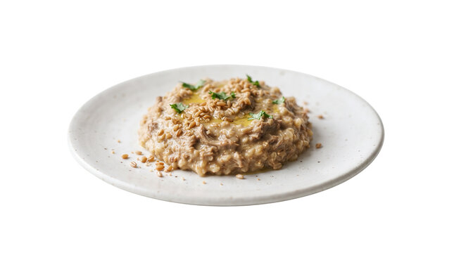 Gourmet mushroom risotto with truffle oil and herbs, creamy italian rice dish on white plate, vegetarian fine dining entree isolated on white background