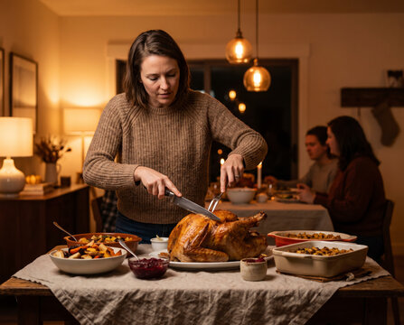 Focused woman carving turkey while family gathers at candlelit autumn table