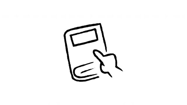 Animated doodle icon of a hand cursor clicking on a digital interactive book page.