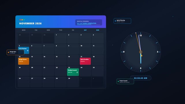 Seamless loop animation of a dynamic calendar grid filling with task event cards alongside a precision rotating clock, ideal for deadline, planning, and productivity concepts.