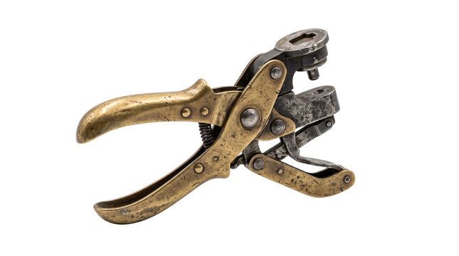 Vintage brass leather hole punch tool, antique metal eyelet plier for craft work, weathered manual rotary puncher isolated on white background