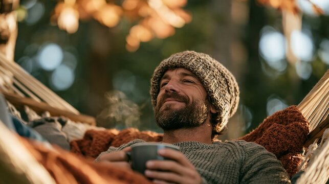 a hammock, wearing a knitted beanie and a gray sweater. He holds a black mug and looks upwards, seemingly lost in thought. The hammock is made of woven straw and has a rustic.
