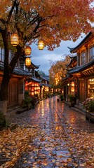 Fototapeta premium a traditional Asianstyle street lined with traditional wooden buildings, each adorned with ornate lanterns. The scene is bathed in warm, golden light from the setting sun.