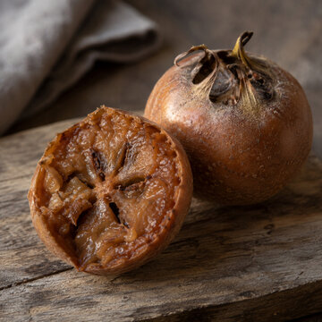 Bletted Medlar Cut Open Showing Custardy Flesh