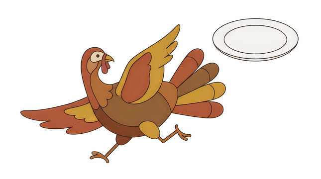 Cartoon turkey catching flying frisbee