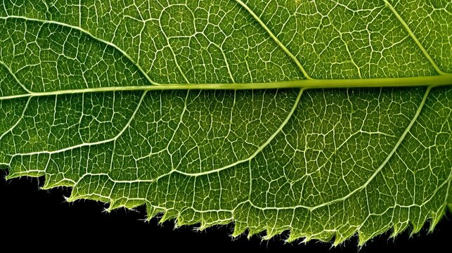 Extreme close up of green organic leaf surface with vivid veins and textured herbal plant pattern.
