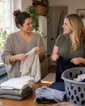 Housemates Folding Laundry and Talking at Home