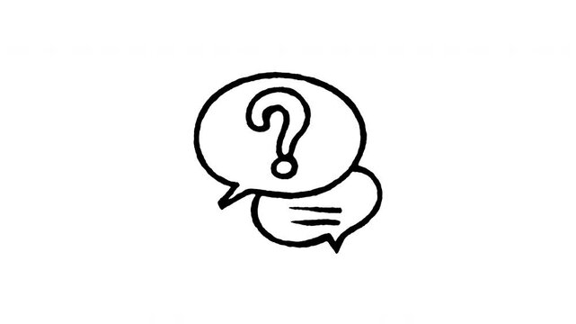 Animated doodle icon of question marks inside a speech bubble for student inquiry and help.
