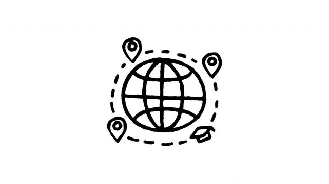 Animated doodle icon of a planet globe surrounded by location pins and network connection nodes.
