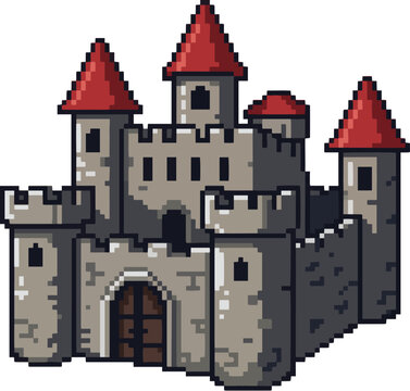 Pixel art medieval stone castle with red roofs.