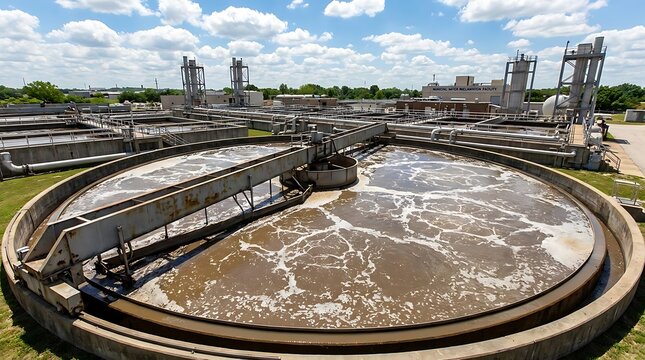 Large round water treatment plant tank cleaning sewage and wastewater in an industrial factory under a blue sky