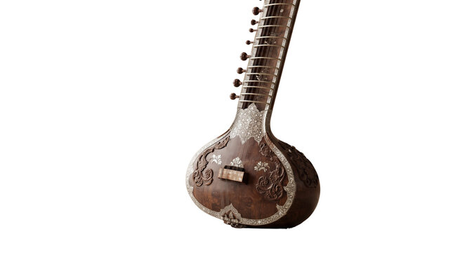 Traditional Indian sitar with ornate carvings, classical stringed musical instrument, handcrafted wooden sitar for folk music performance isolated PNG with Transparent Background